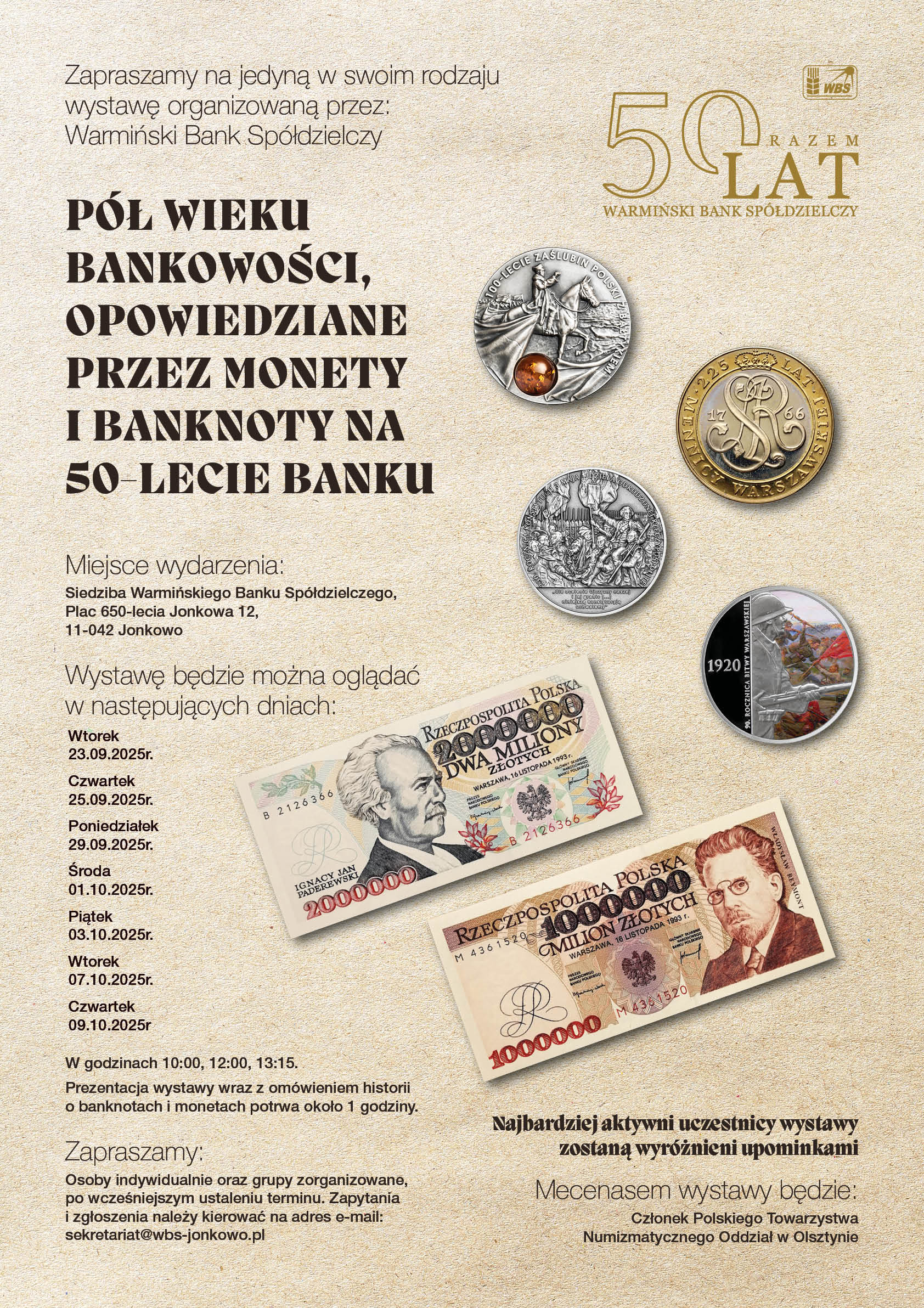 Plakat przedstawiający monety i banknoty