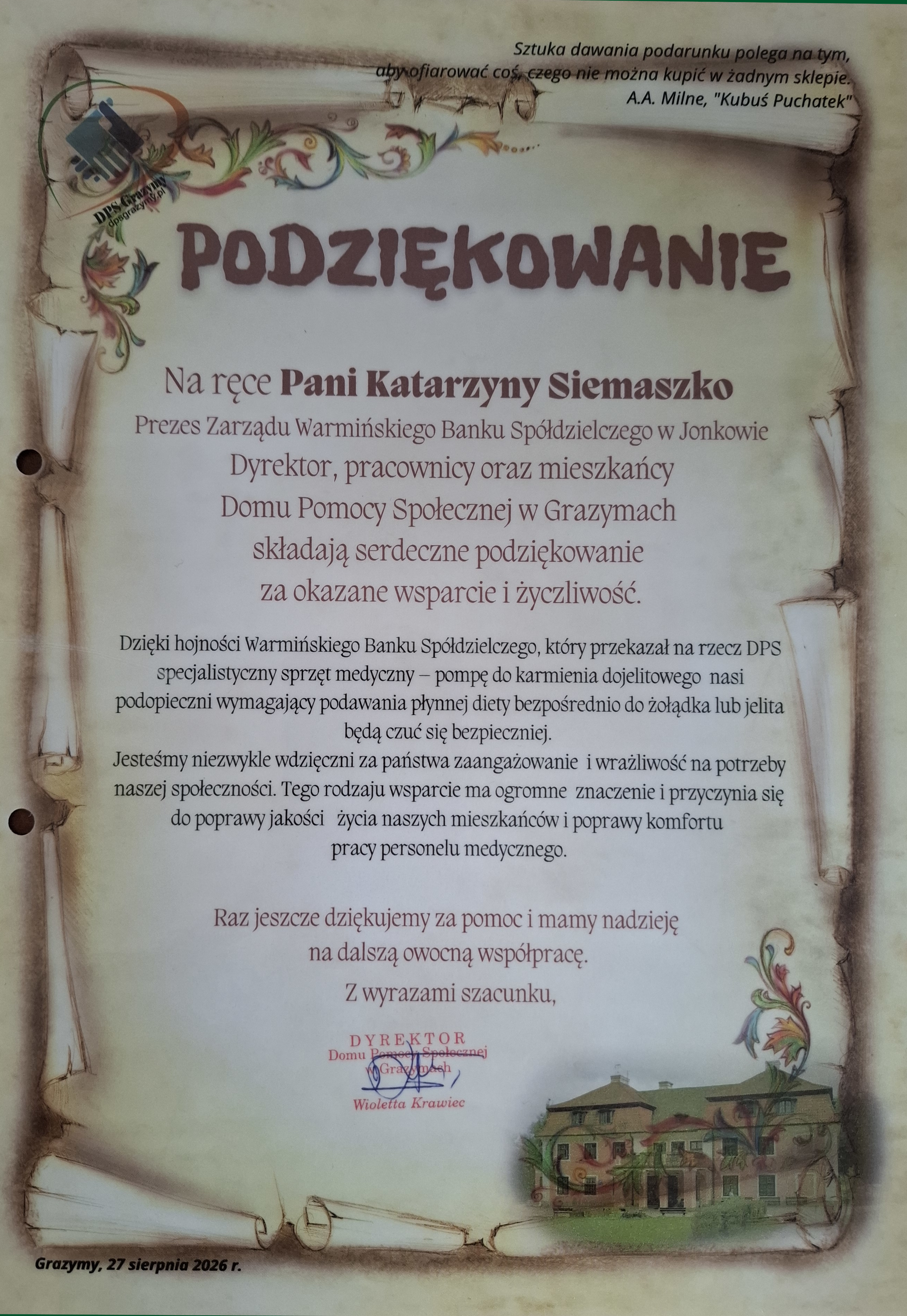 Dyplom z podziękowaniami związany z wydarzeniem w DPS w Grazymach