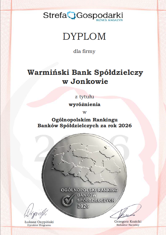 Dyplom potwierdzający wyróżnienie w rankingu banków spółdzielczych