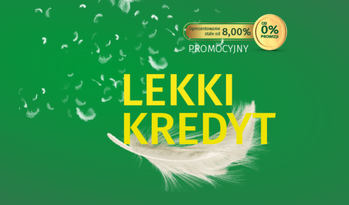 Baner z napisem Lekki Kredyt. Oprocentowanie stałe od 8,00 %. Od 0 % prowizji.