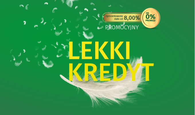 Baner z napisem Lekki Kredyt. Oprocentowanie stałe od 8,00 %. Od 0 % prowizji.